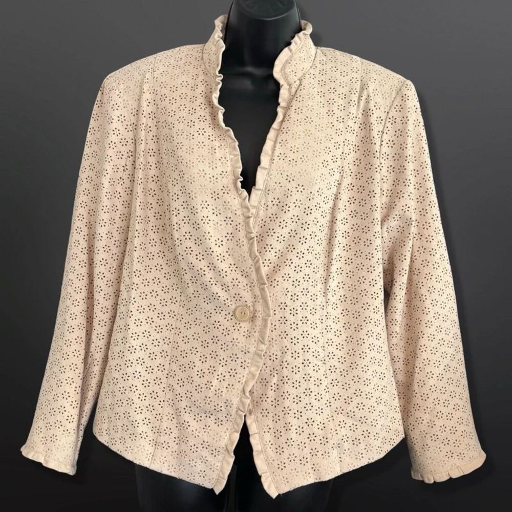 Dressbarn Woman 1X Faux Suede Eyelet Ruffle Jacket Cream Cottagecore Plus